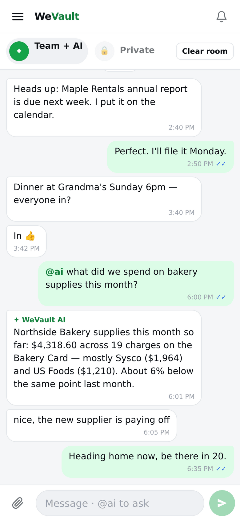 WeVault Team + AI chat answering a question about this month's spending