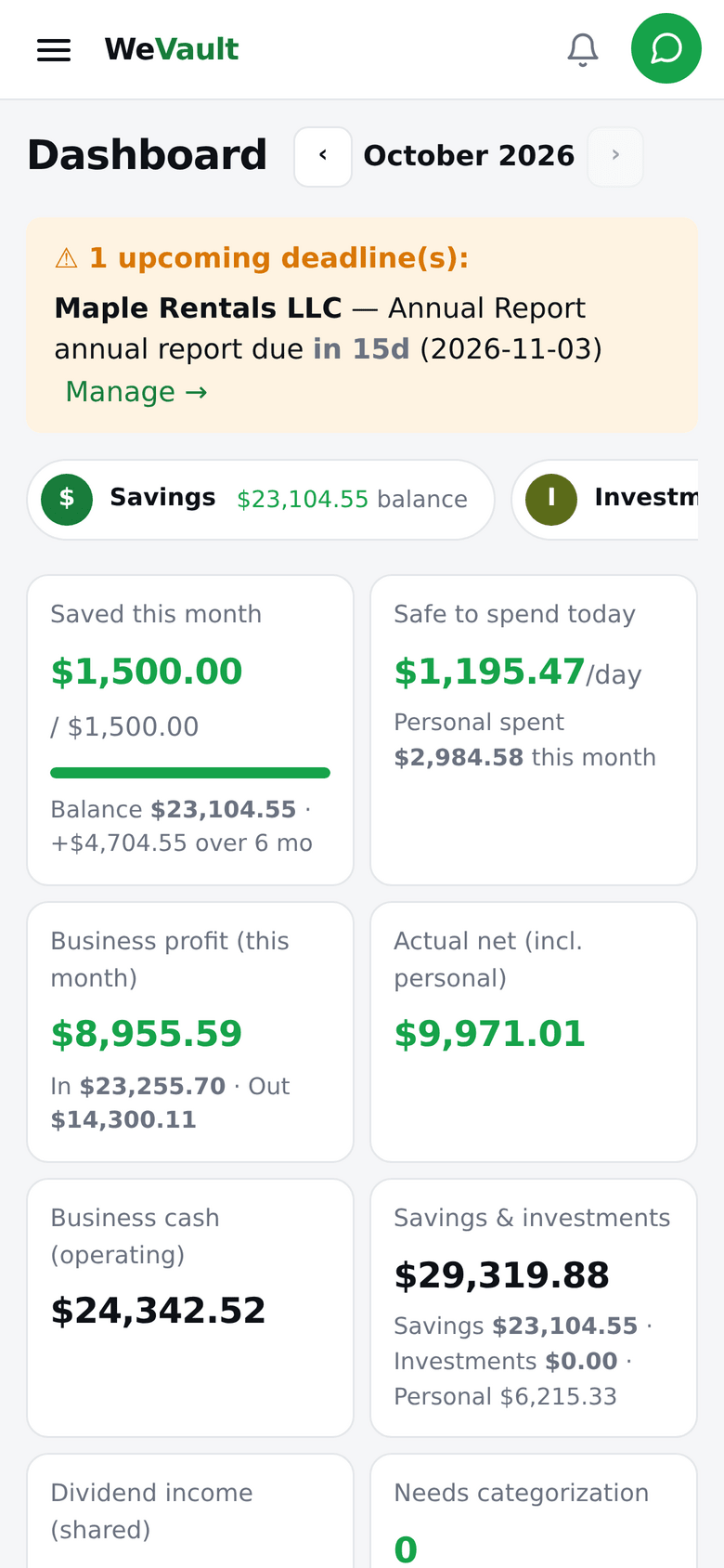 WeVault dashboard: savings goal, business profit, cash and deadlines