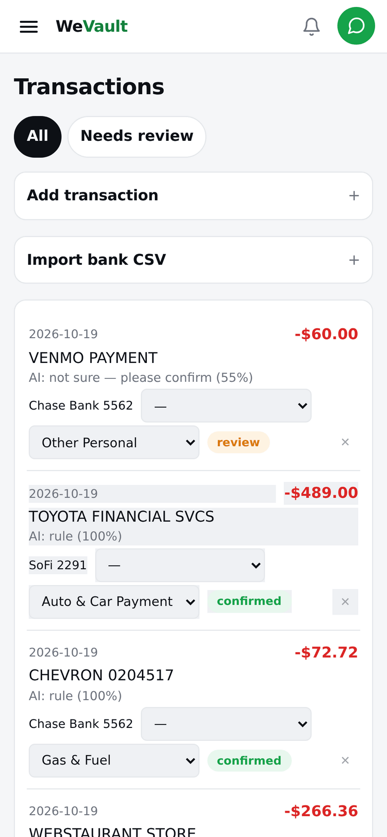 WeVault transactions, sorted by the AI into each business and personal